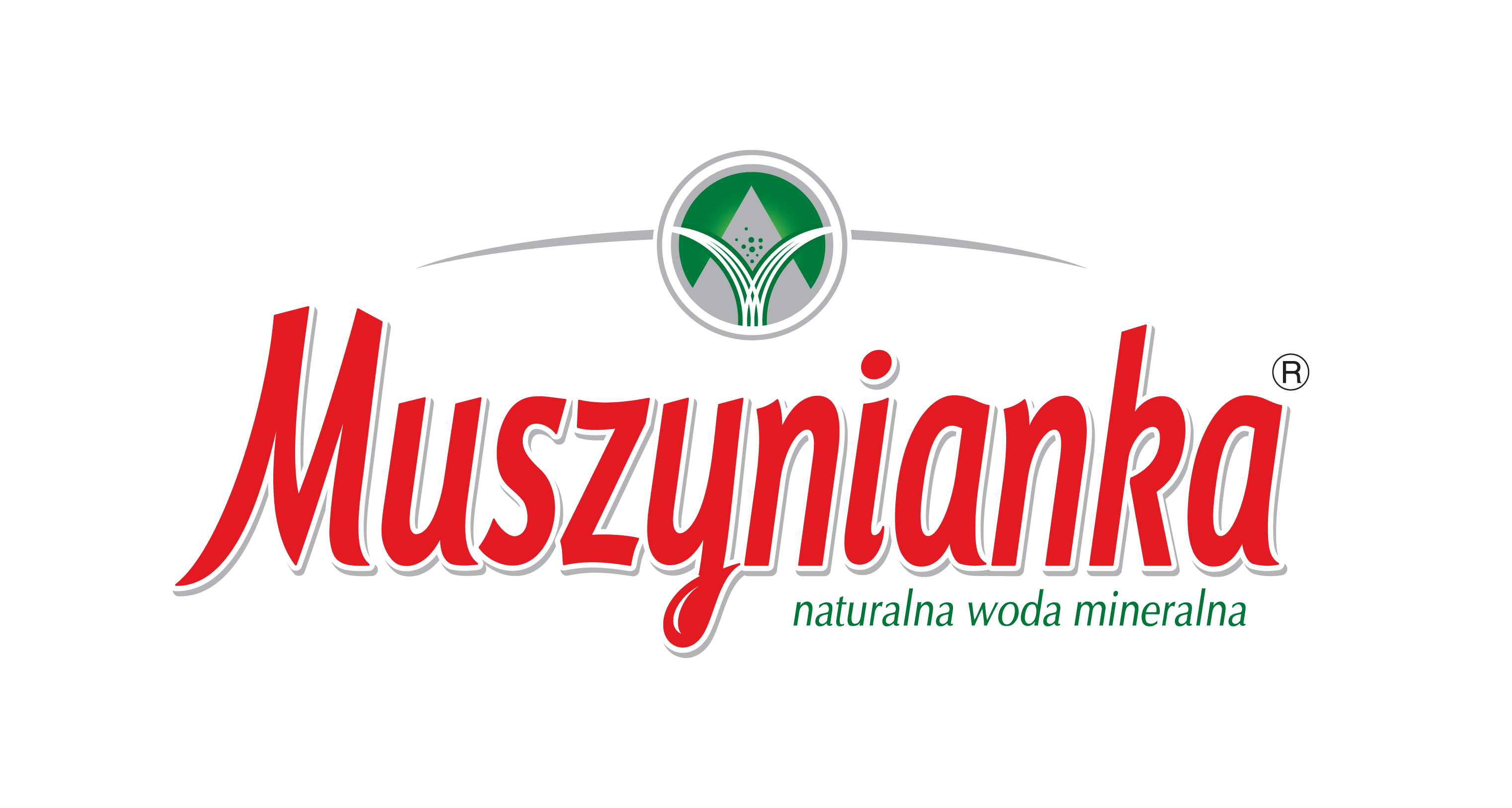 Muszynianka Czerwony napis Muszynianka. Pod nim zielonymi literami hasło: naturalna woda mineralna. Całość wieńczy znak w formie okręgu, w którym na zielonym tle widać szary szczyt górski w formie trójkąta oraz wypływające z niego źródło wody